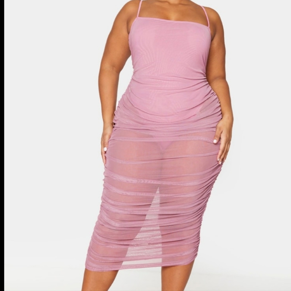 PrettyLittleThing plus mauve mesh Ruched midaxi size 14